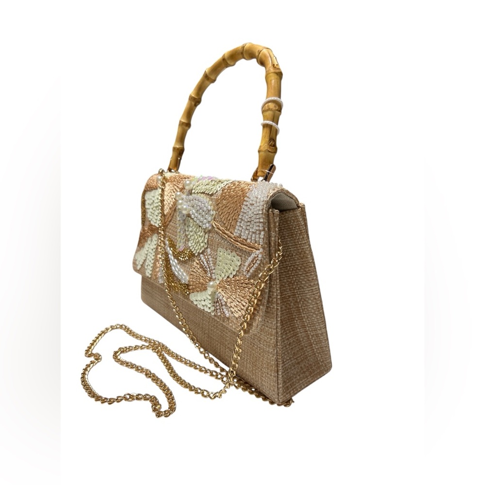 Haute Hippie Embellished Raffia Bamboo Handle Sachel Detachable Gold Chain Strap - Picture 3 of 10